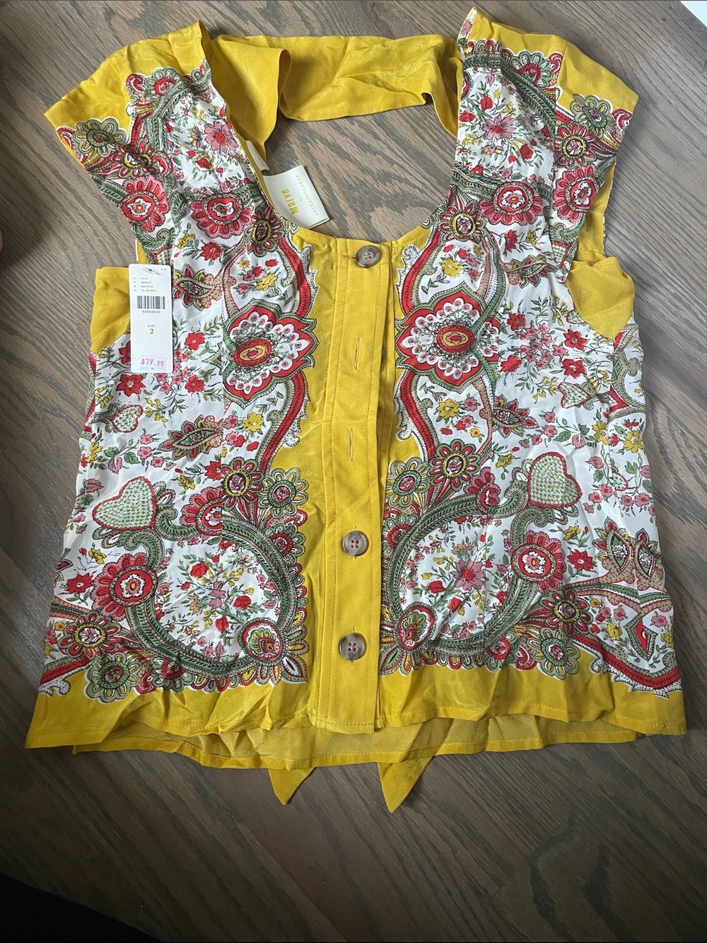 Anthropologie Yellow Floral Paisley Button-Front Sleeveless Top